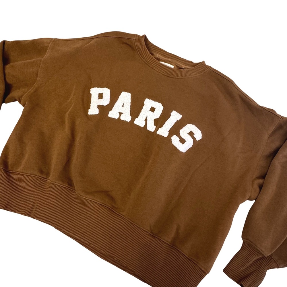 Lou & Grey Sweatshirt Paris Brown‎ Cropped Pullover Preppy Chic French Sz Small